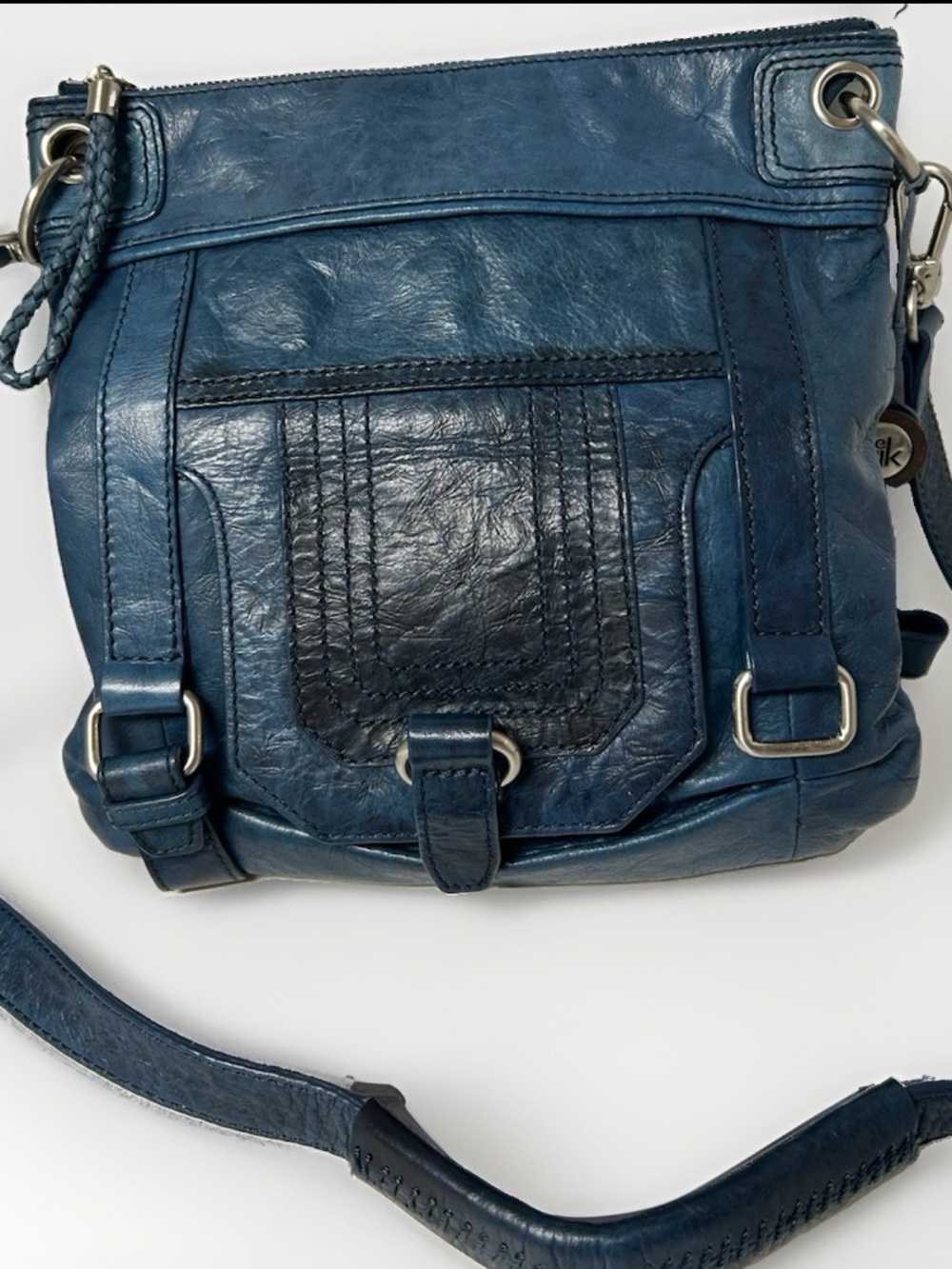 The Sak Silverlake Blue Leather Crossbody Bag Vintage Boho Buckle Purse